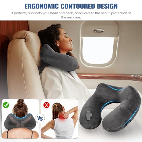 Inflatable Travel Pillow for Sleeping Airplane (Dark Grey / M-Shape)