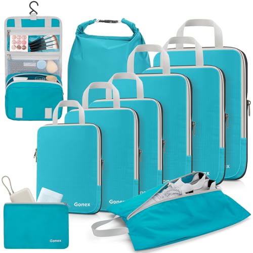 10 Piece Compression Packing Cubes with Travel Organizer Set (10-Blue / 10 Set)