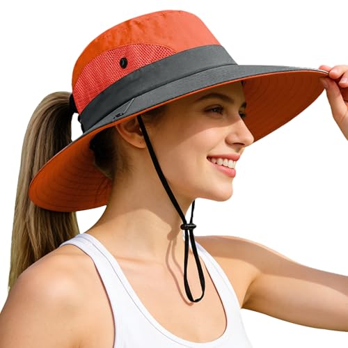 Ponytail Sun Bucket Hats for Women UV Protection Foldable Wide Brim (1-orange)