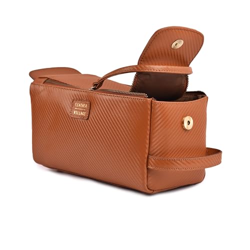 Carbon Leather Toiletry Travel Bag For Men & Women (Carbon Tan / 10"X5")