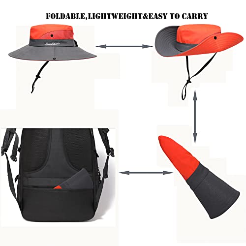 Womens Summer Sun Hat Beach Hat Wide Brim Outdoor UV Protection Hat Foldable Cool Mesh Ponytail Bucket Hat (6-7 / Orange-grey)