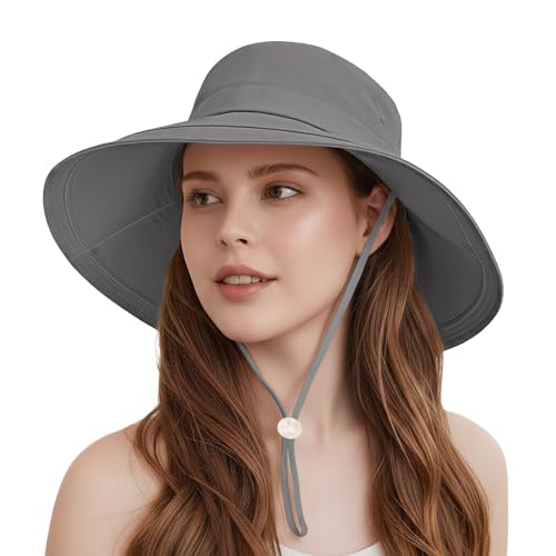 Sun Hats for Women Wide Brim Ponytail UV Protection Beach Hat Packable Waterproof Bucket Hat for Travel Hiking Gardening (Grey)