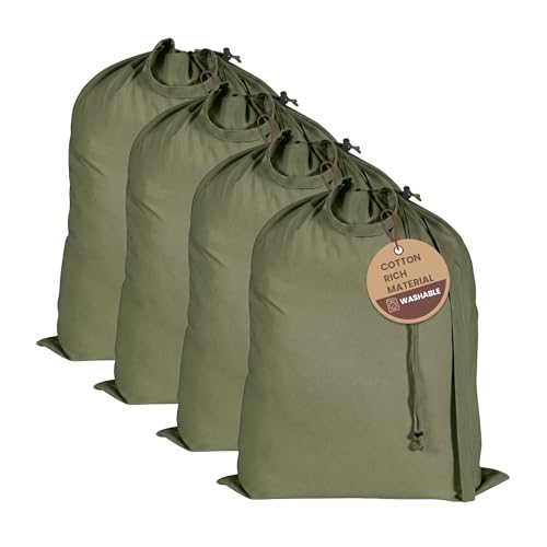 LFH Home Large Premium Cotton Rich Canvas Laundry Bag with Drawstring and Handles Heavy Duty (28"x36" (Pack of 4) / Military Green)