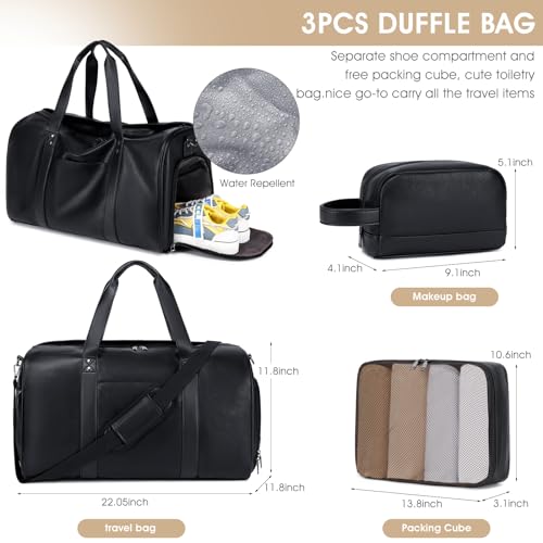 3PCS Faux Leather Weekender Bag for Women Men Travel Bag Overnight Bags (Black)