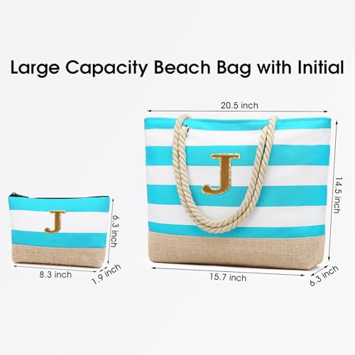 Beach Bag Initial Beach Tote with Makeup Bag for Travel Work Storage Personalized Birthday Gifts for Women Her (Cyan Blue 2 Pcs / J)