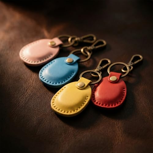 4 Pack Genuine Leather Airtag Holder Compatible with Apple AirTag Keychain 2nd & 1st Gen (Pink/Light Blue/Yellow/True Red)