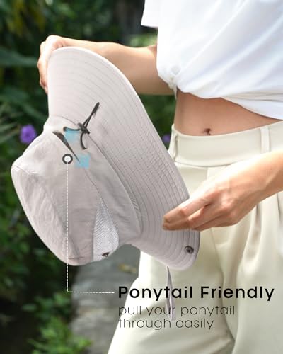 Womens Sun Hat with Ponytail Hole Beach Hiking Summer Wide Brim UPF 50+ Outdoor Protection Foldable Bucket Hat Light Grey (Light Grey)