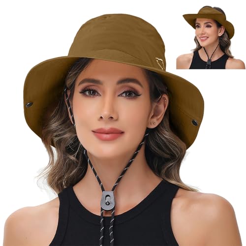 Sun Hats for Women Bucket Hat UV Protection Fishing Hat Wide Brim Safari Hats 2 in 1 Zip (1pack-brown)