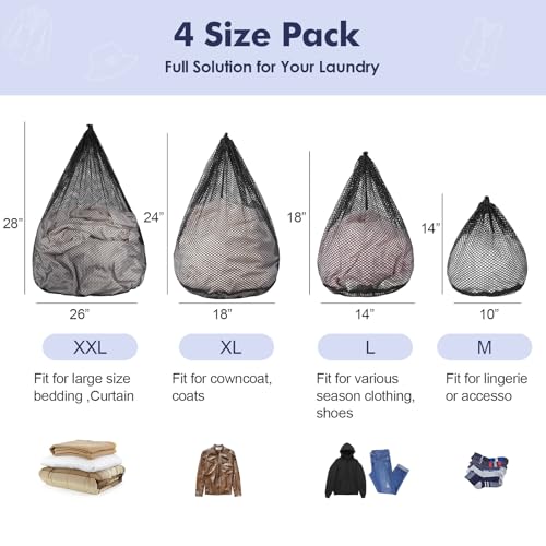4Pcs Mesh Laundry Bags Washing Machine Mesh Wash Bags Jumbo for Delicates Clothes (Black / Pack 4 pcs)