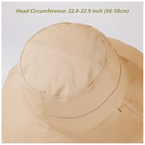 Womens Sun Hats Wide Brim Reversible Bucket Cotton Hat Packable Summer Travel Cap with Hat Clip (Medium / Khaki)