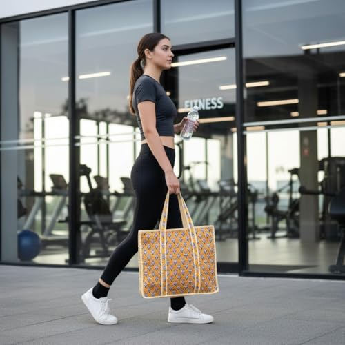 100% Cotton Quilted Tote Bag For Women (Gamboge Cherry Block Print)