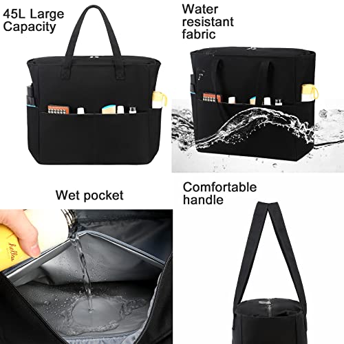 Beach Bag Waterproof Sandproof Women Tote Bag Pool Bag with Zipper for Gym Grocery Travel with Wet Pocket (Black)