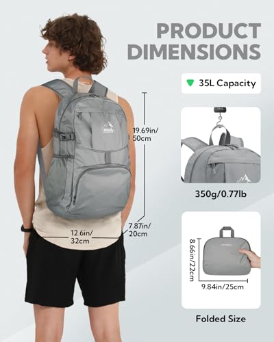 Large Lightweight Packable Hiking Backpack Foldable Travel Daypack (C-gray / 35L)