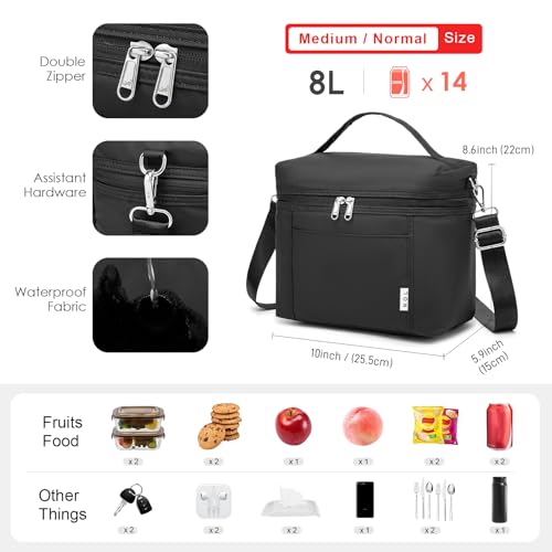 NOL Insulated Lunch Bags for Women Cooler Bag Lightweight Nylon Waterproof Lunch Box For Work (New black / Medium (8 Liters))