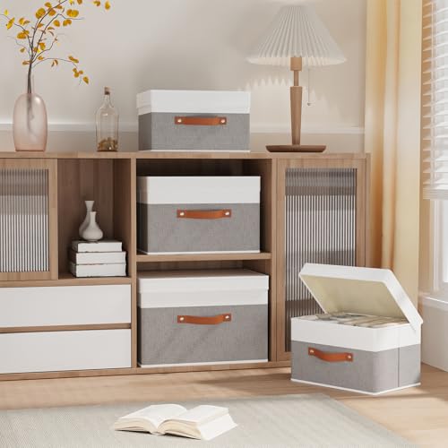 Storage Bins with Lids (13x9.1x7.9in(3-Pack) / White/Grey)