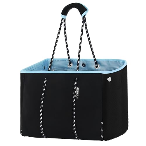 Neoprene Multipurpose Beach Bag Tote with Inner Zipper Pocket (Pure Black / Large)