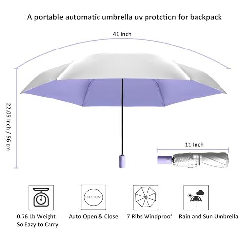 Small Compact Travel Umbrella with UV Protection for Sun & Rain (L-1-Purple with Silver)