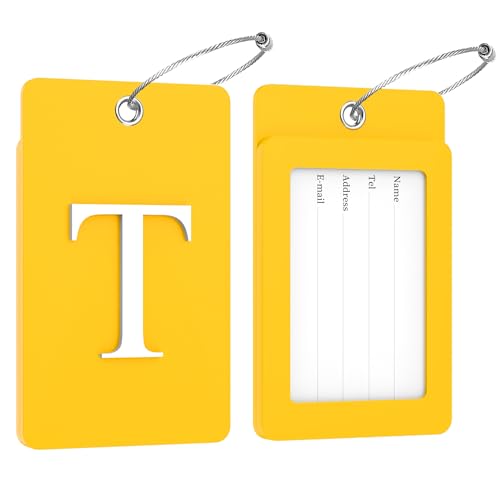 2 Pack Initial Luggage Tags for Suitcases Airplane Travel Essentials (Large T / Yellow)
