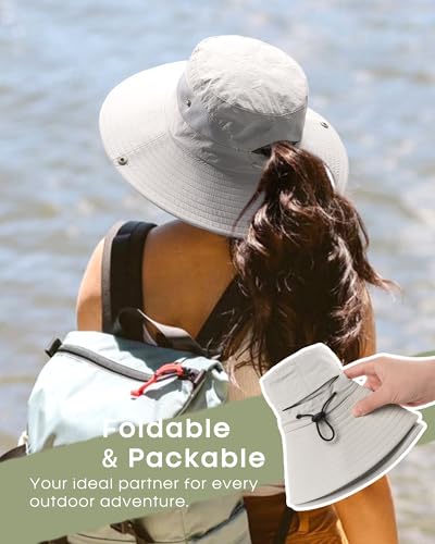 Womens Sun Hat with Ponytail Hole Beach Hiking Summer Wide Brim UPF 50+ Outdoor Protection Foldable Bucket Hat Light Grey (Light Grey)