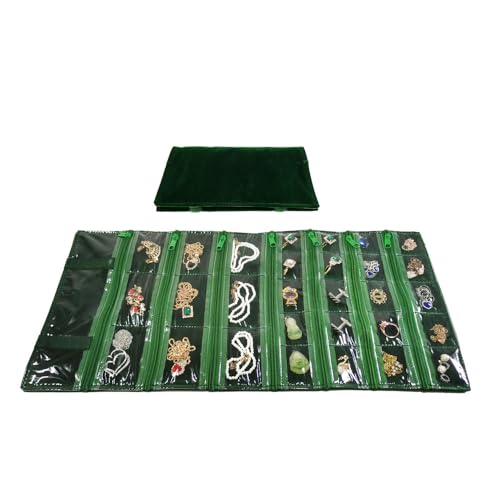 Travel Jewelry Roll Bag Portable Organizer Pouch With Grids&PVC Cover Storage Bags for Necklace (Blackish Green Velvet 29 Grids)