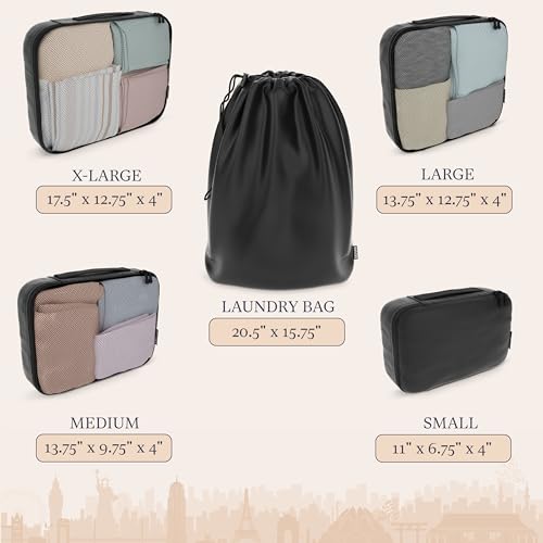 5 Set Packing Cubes for Travel with Laundry Bag (5 Set - Air Black / Set of 5)