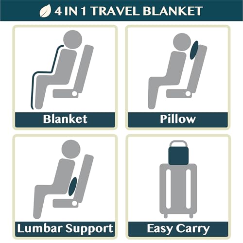 Compact 2-in-1 Travel Blanket Pillow for Airplane Flight, Blue (Dusty Blue / 65 x 40 inches)