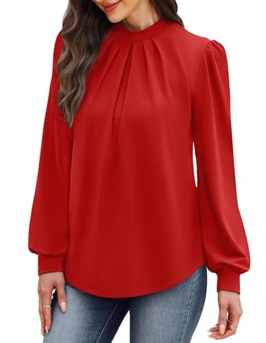 Womens Long Sleeve Tops Blouses for Women Dressy Casual Business Casual Outfits Fall Shirts for Women 2026 Fashion Clothing Pleated Ladies Tunic Tops Winter Clothing Trendy Red S (08 - Red / Small)