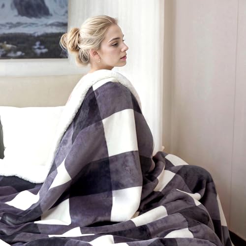 Sherpa Blanket Fleece Throw Blanket Full Queen Plaid Thick Bed Blanket (Dark Grey Checkered / 80"*90")