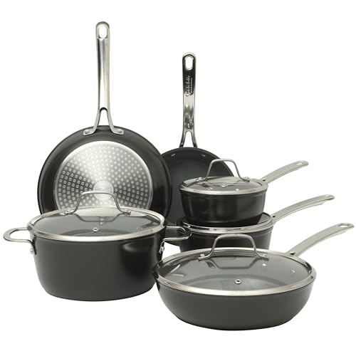 Kitchen Essentials Cool Commune Hard Anodized 10 Piece PFA Free Ceramic Non stick Interior Forged Durable Aluminum Pots and Pans Cookware Set (10-Piece Cookware Set (Hard Anodized Aluminum) / Black (Hard Anodized Aluminum))