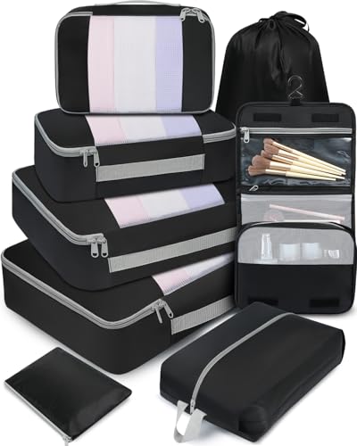 8 Set Packing Cubes Various Sizes Packing Organizer for Travel Accessories Luggage Carry On Suitcase (08-Black / 8 Set-middle Mesh)