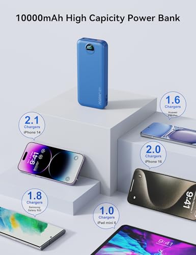 Portable Charger Power Bank 10000mAh with Built in Cables & Wall Plug (Steel Blue)