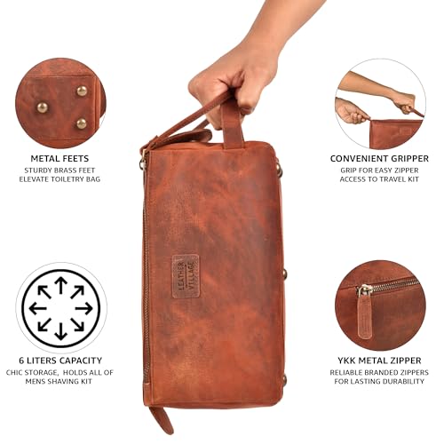 Genuine Leather Toiletry Travel Bag For Men & Women (Red Brown / 10"X5")