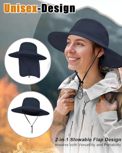 Outdoor Sun Hats with Stowable Neck Flap for Men Women UPF 50+ Mesh Summer Bucket Hat Wide Brim for Fishing Safari Hiking Navy Blue (Navy Blue)