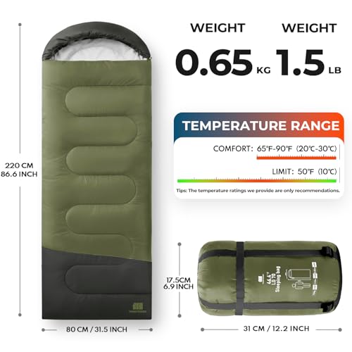 Lightweight Warm Weather Sleeping Bag for Adults (1.65lb-Green)