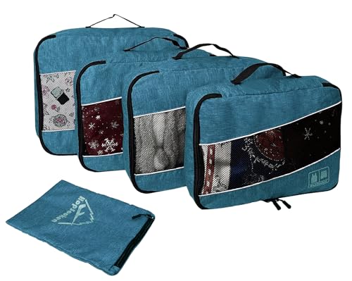 5 Set Packing Cubes for Travel Large Suitcase Luggage Organizer Bags Travel Accessories Vacation 4 Cubes 1 Laundry Pouch Bag (Snow Teal)