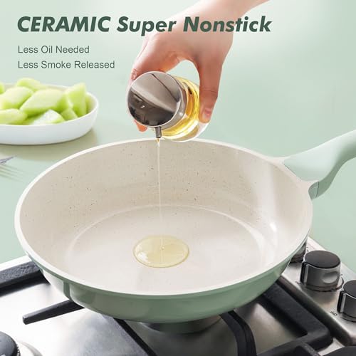 8Inch Nonstick Ceramic Frying Pan with Lid (Mint Green / 8 Inch)