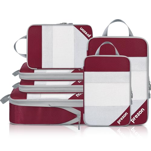 Compression Packing Cubes for Travel (Burgundy / 6 set-Half Mesh)