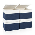 Large 22 Quart Linen Fabric Foldable Storage Bin Cube Organizer Basket with Flip (Navy Blue & White / Medium - 4 Pack)