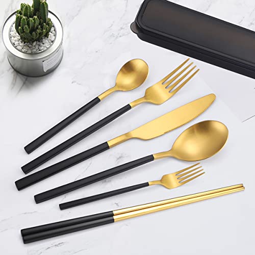 6 Pieces Stainless Steel Flatware Set Portable Reusable Cutlery Set Travel Utensils Set Including Chopsticks Knife Fork Spoon Straws Cleaning Brush Dishwasher Safe (B-Black golden)