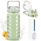 64oz Glass Water Bottle with Straw and Lid (Green / 64 Ounces)