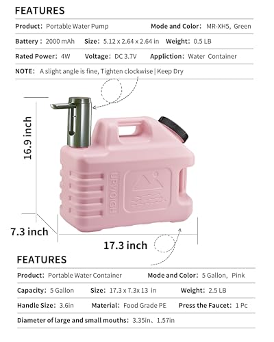 5 Gallon Water Jug with Rechargeable Touch Pump (Nature Pink / 5 Gal)