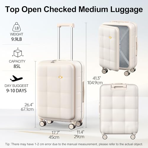 26 Inch Large Checked Luggage Hard Shell Suitcase Top Opening (26 Inch / Cream)