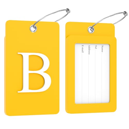2 Pack Initial Luggage Tags for Suitcases Airplane Travel Essentials (Large B / Yellow)