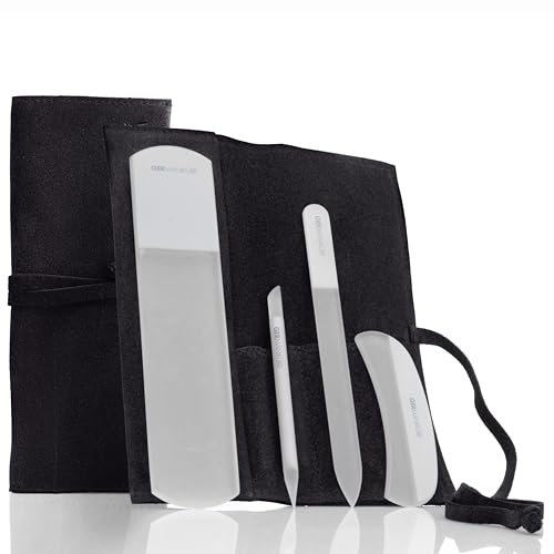 4pc Gray Glass Nail & Pedicure File Set (4-Pc: Glass File, Moon File, Cuticle Stick / Black Leather Roll)