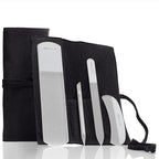 4pc Gray Glass Nail & Pedicure File Set (4-Pc: Glass File, Moon File, Cuticle Stick / Black Leather Roll)