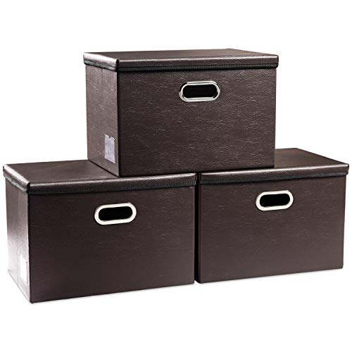 Large Foldable Storage Bins with Lids [3 (Brown / Large(3-Pack))