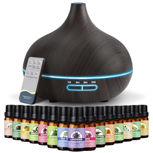 550ml Oil Diffuser with 15x10ml Aromatherapy Grade Essential Oils (Deep Colour-15)