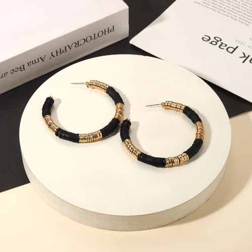 Game Day Earrings Football Baseball Earrings for Women Sports Team Heishi Hoop Earring Football Accessories Outfits Cheer Mom Essentials Fall Sports Must Haves Cheer Gifts (Black Gold)