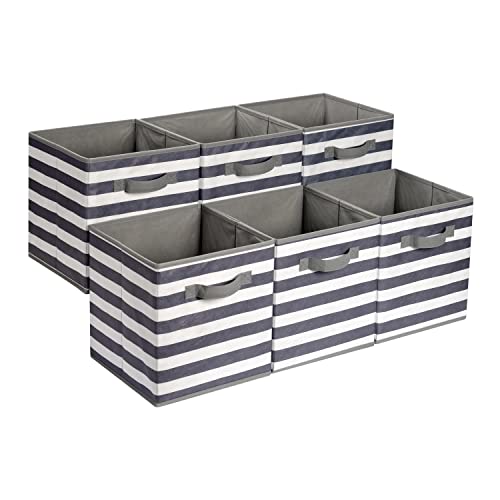 Collapsible Fabric Storage Bins with Handles (White/ Light Grey Stripe / 10.5"x10.5"x11")