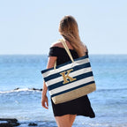 Beach Bag Initial Beach Tote with Makeup Bag for Travel (Dark Blue 2 Pcs / K)
